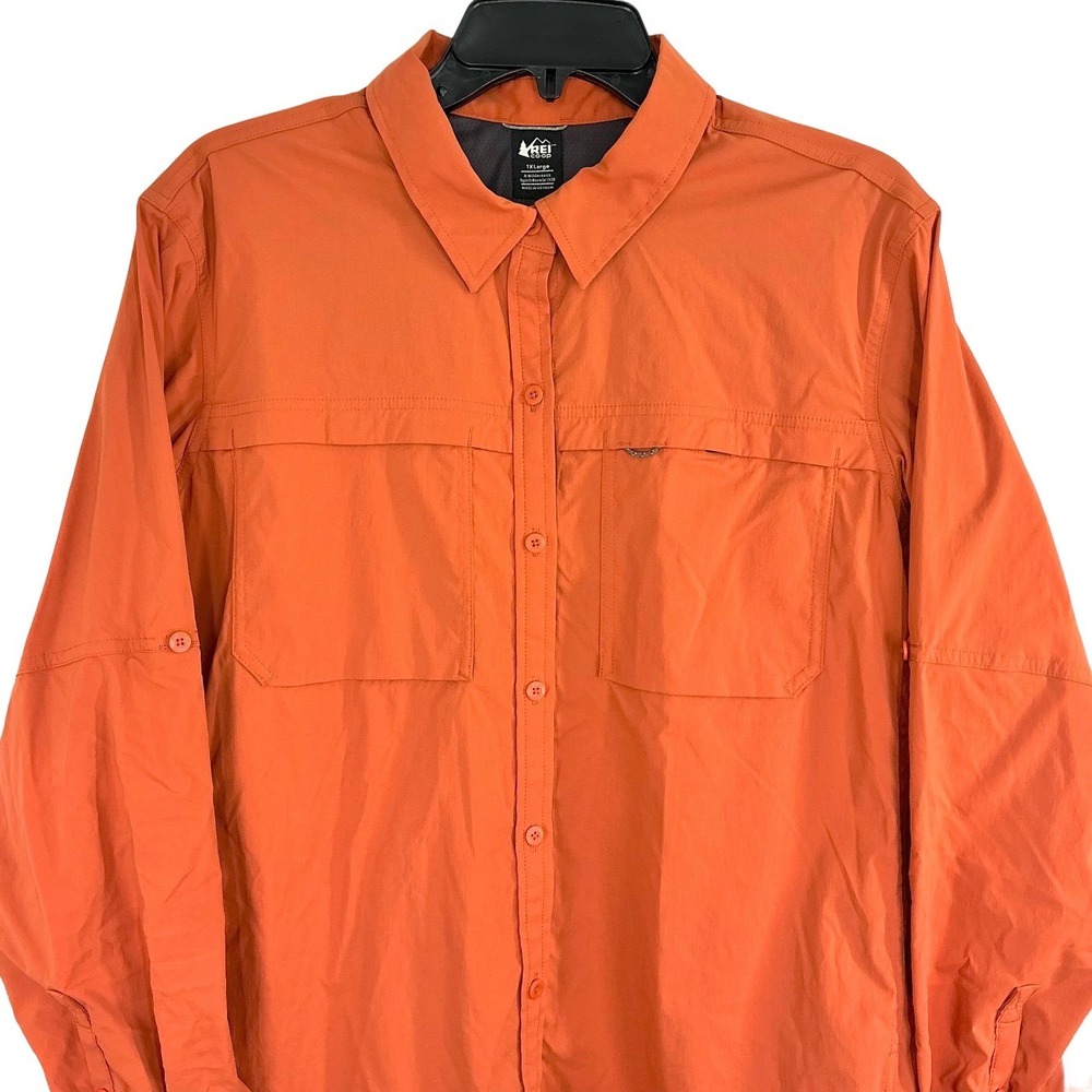REI Co-op Woman's 1X Orange Hiking Shirt Nylon Stretch Button Front‎ Outdoor